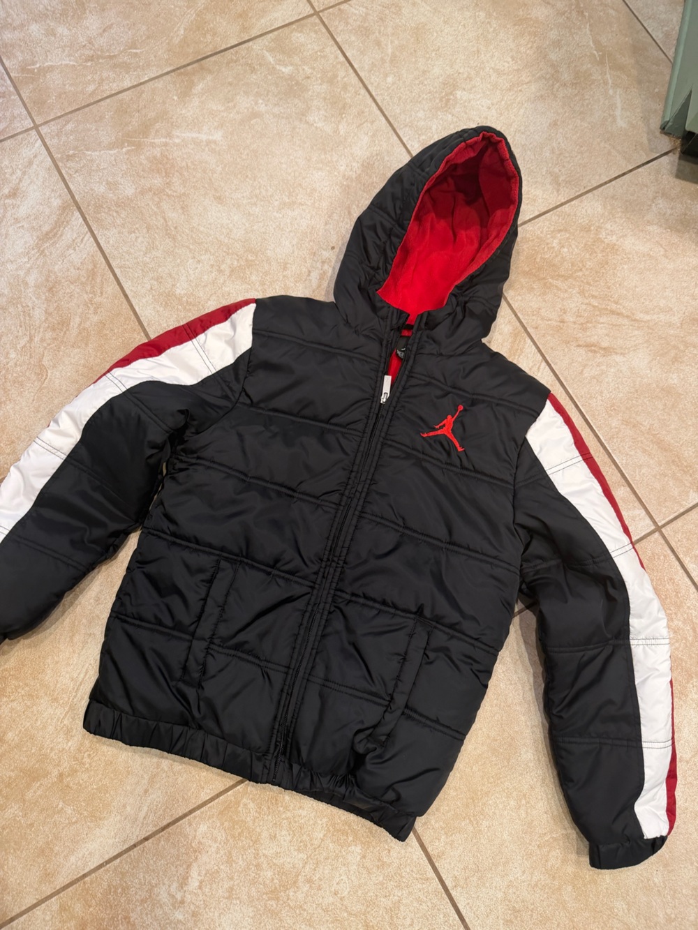 Jordan Basketball Varsity Black, Red & White Kids Puffer Jacket with Hood
